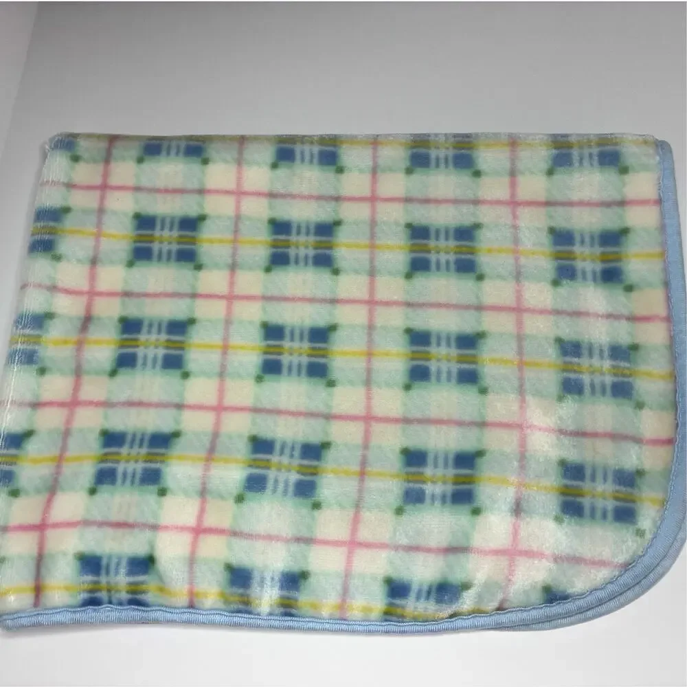 Vintage Springmaid Pastel Plaid Baby Blanket Blue Green Pink Yellow Soft Fleece